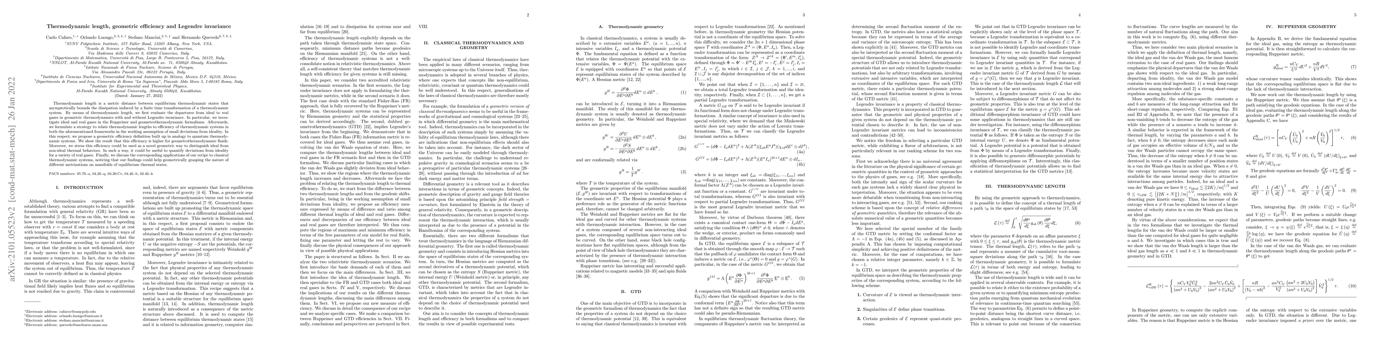 Thumbnail for Thermodynamic length, geometric efficiency and Legendre invariance