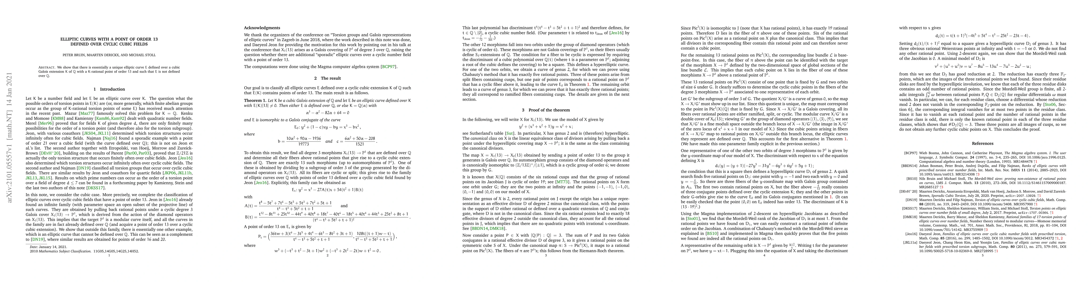 Thumbnail for Elliptic curves with a point of order 13 defined over cyclic cubic
  fields