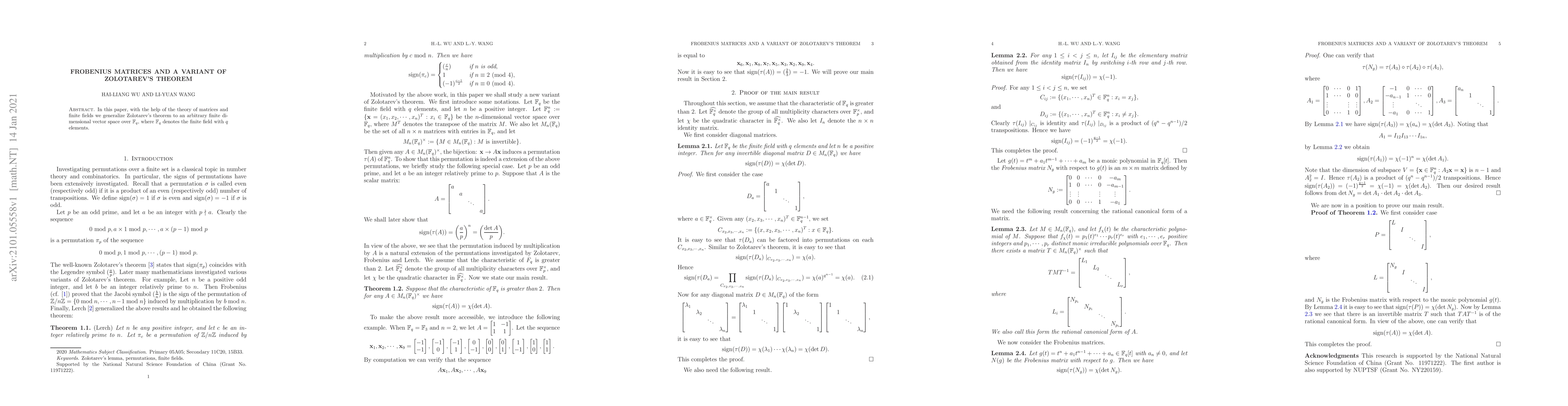 Thumbnail for Frobenius matrices and a variant of Zolotarev's theorem
