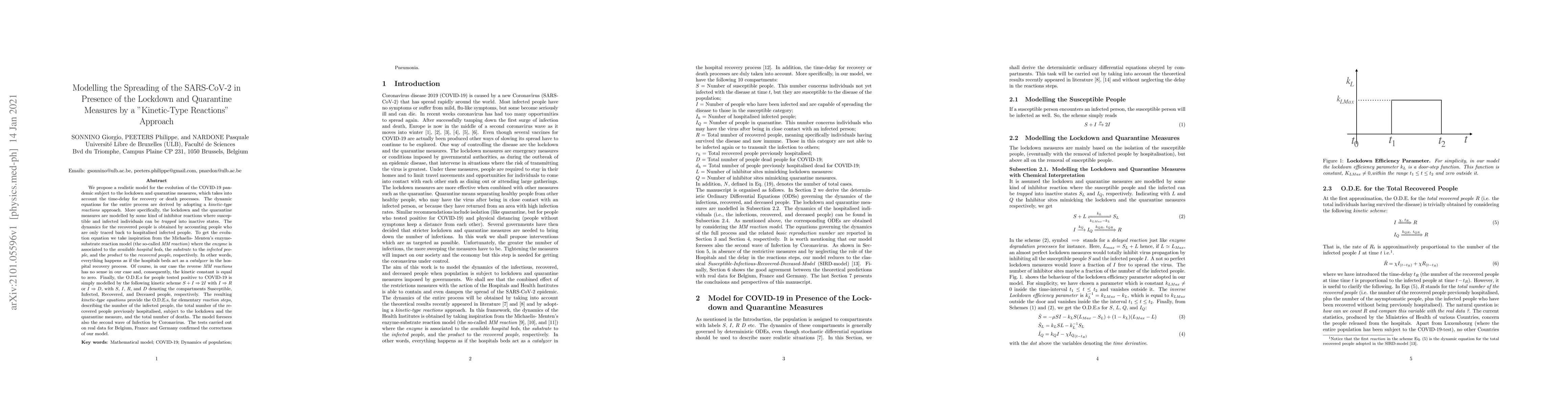Thumbnail for Modelling the Spreading of the SARS-CoV-2 in Presence of the Lockdown
  and Quarantine Measures by a "Kinetic-Type Reactions" Approach