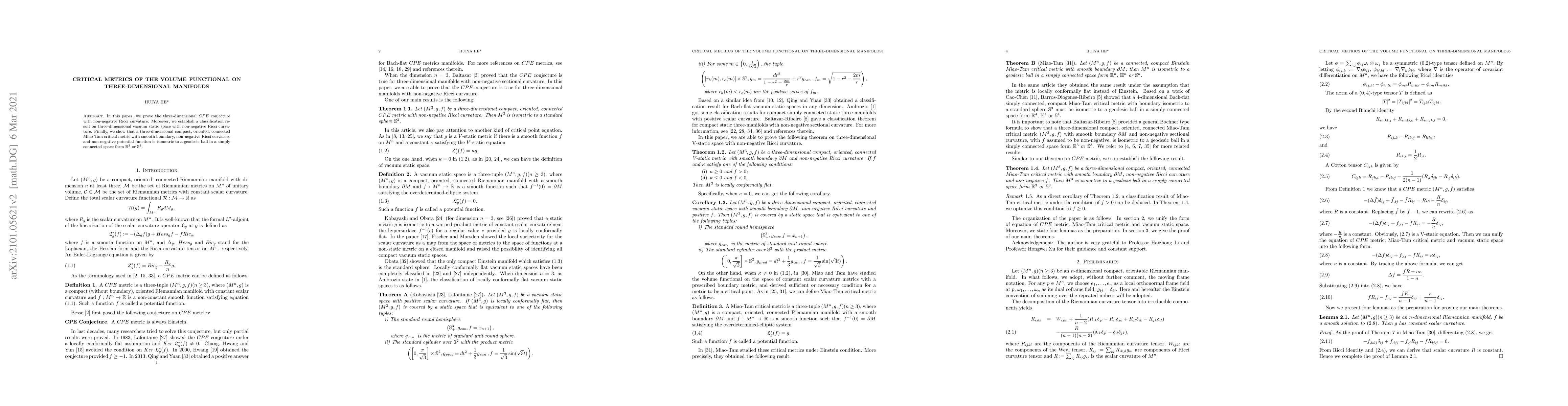 Thumbnail for Critical metrics of the volume functional on three-dimensional manifolds