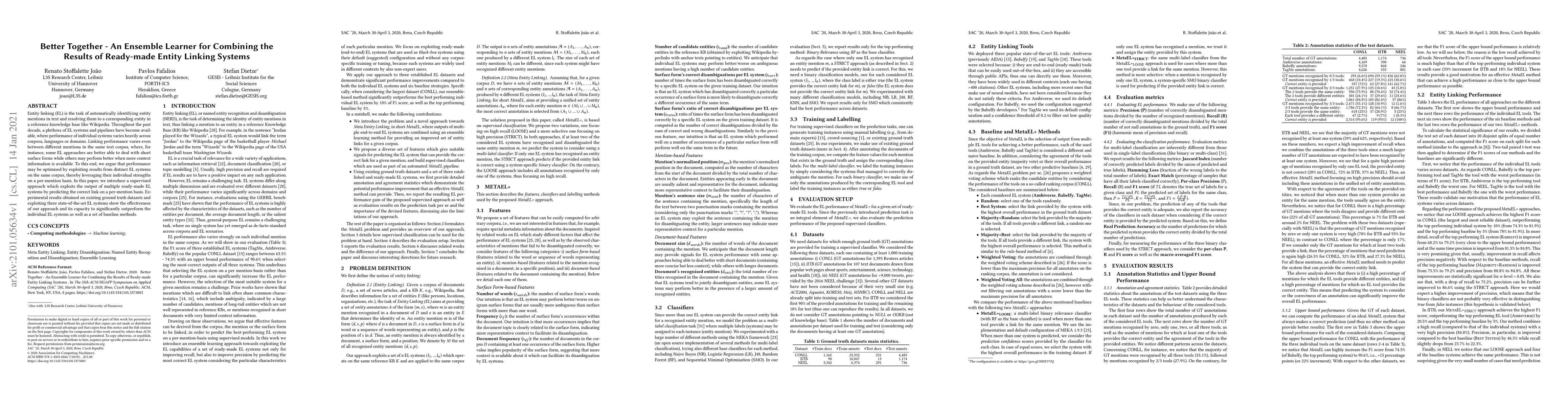 Thumbnail for Better Together -- An Ensemble Learner for Combining the Results of
  Ready-made Entity Linking Systems