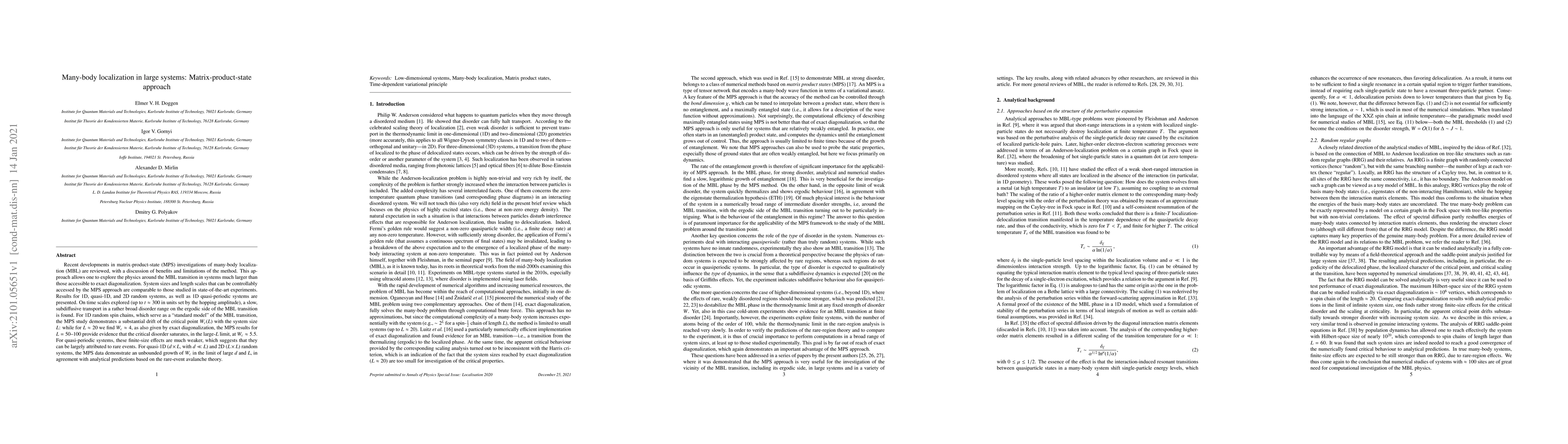 Thumbnail for Many-body localization in large systems: Matrix-product-state approach