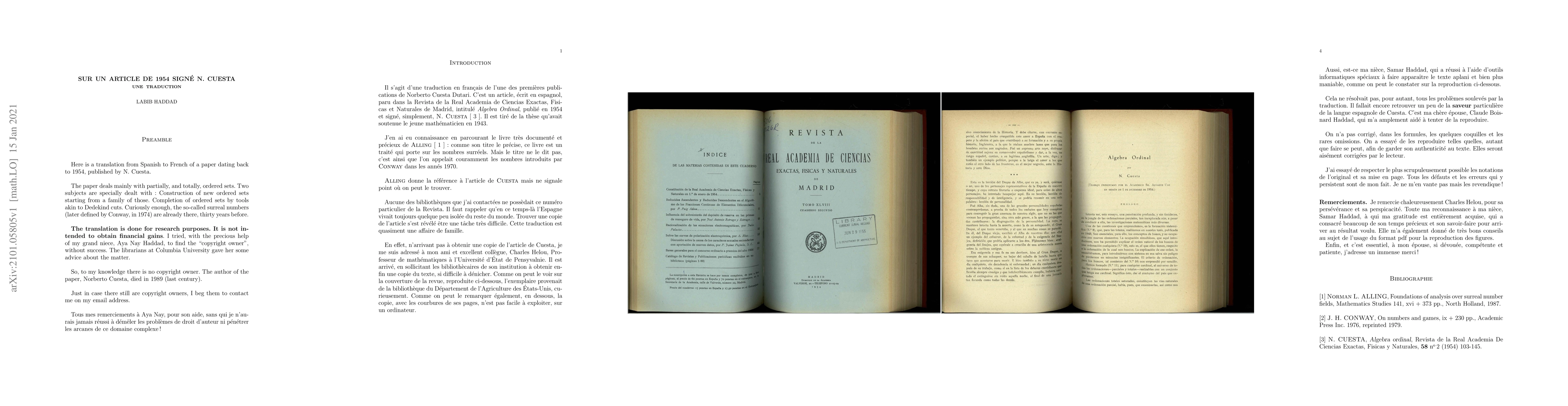 Thumbnail for Sur un article de 1954 sign\'e N. Cuesta, une traduction