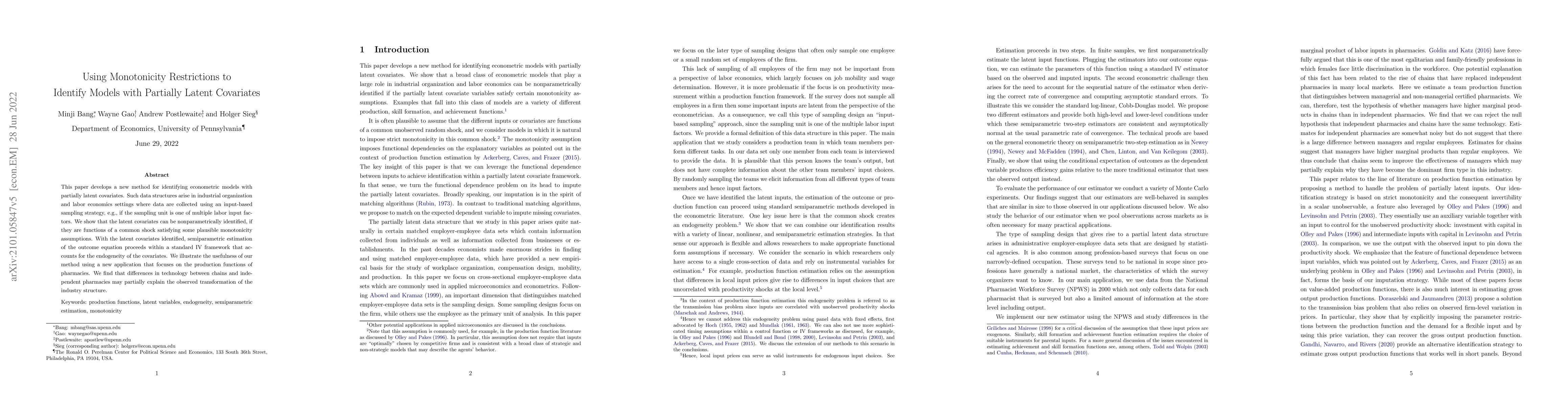 Thumbnail for Using Monotonicity Restrictions to Identify Models with Partially Latent
  Covariates