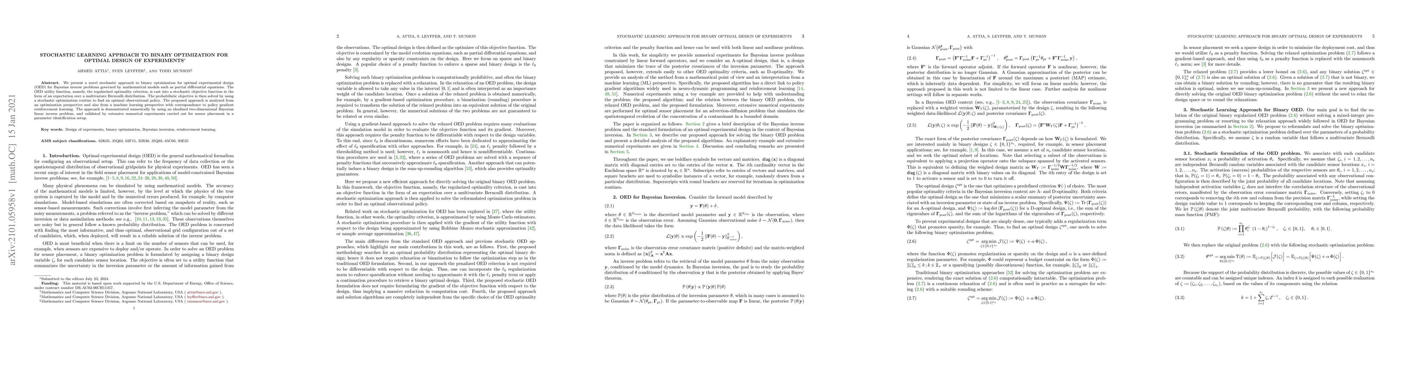 Thumbnail for Stochastic Learning Approach to Binary Optimization for Optimal Design
  of Experiments