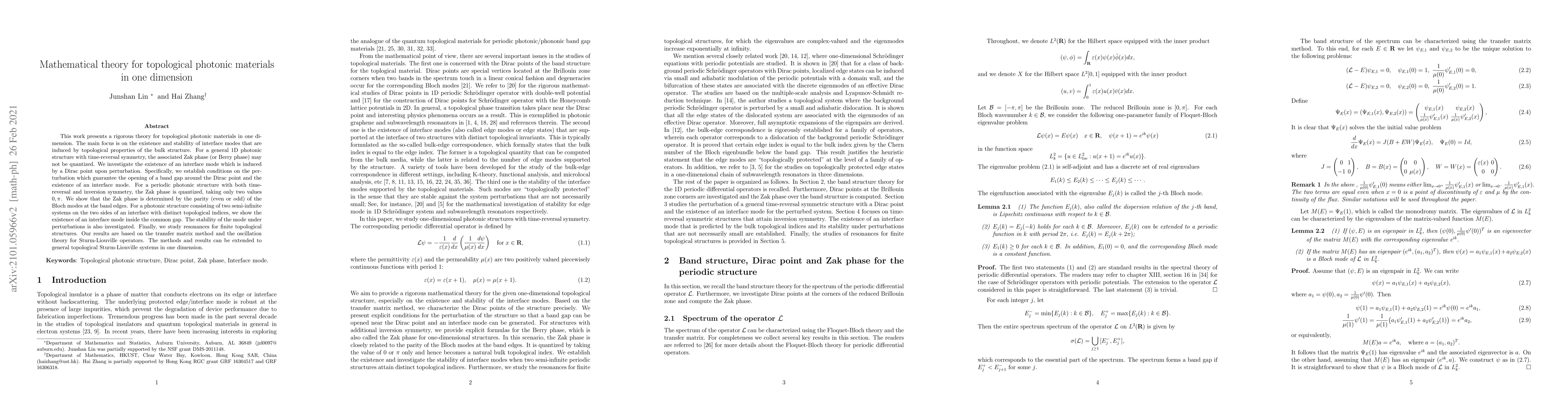 Thumbnail for Mathematical theory for topological photonic materials in one dimension