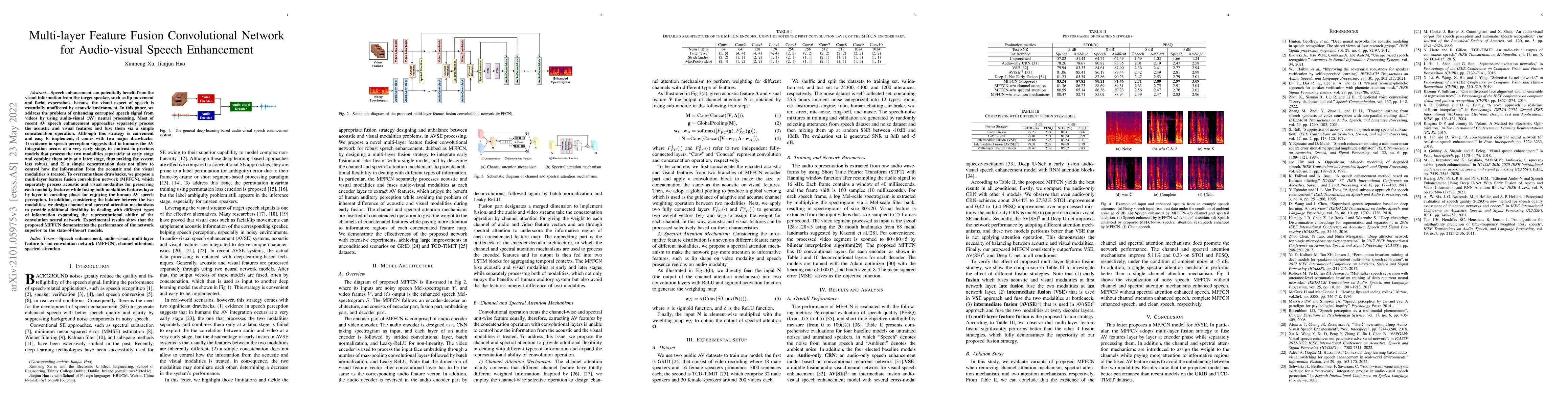 Thumbnail for Multi-layer Feature Fusion Convolution Network for Audio-visual Speech
  Enhancement