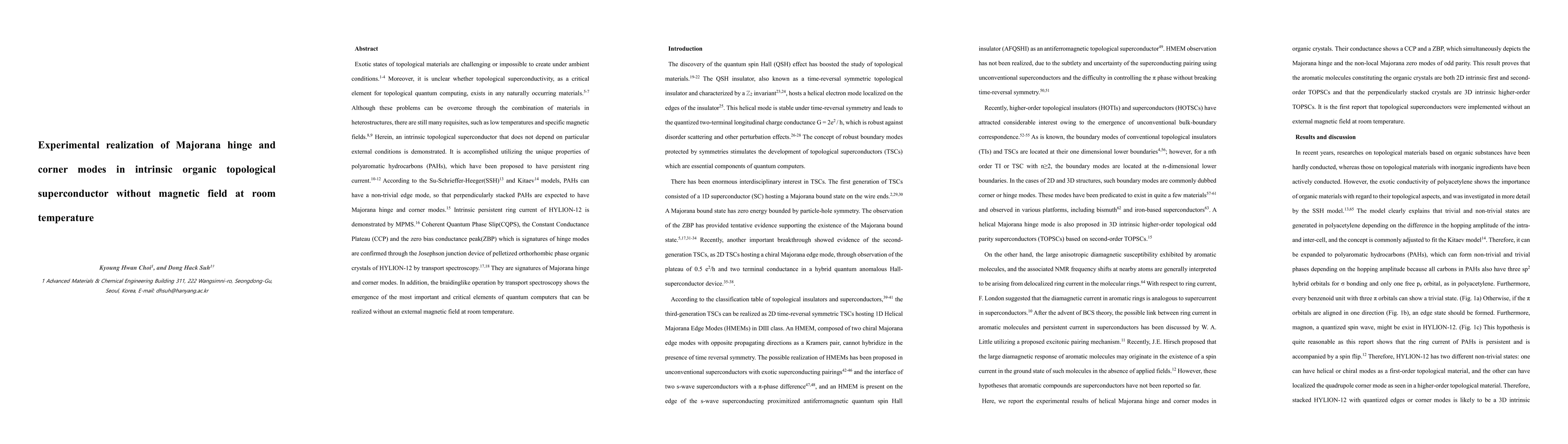 Thumbnail for Experimental realization of Majorana hinge and corner modes in intrinsic
  organic topological superconductor without magnetic field at room temperature