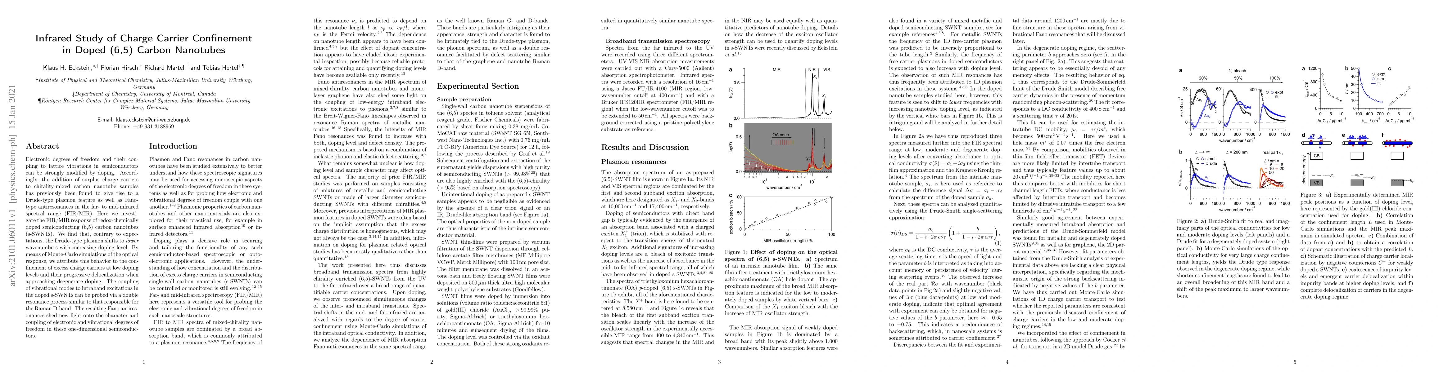 Thumbnail for Infrared Study of Charge Carrier Confinement in Doped (6,5) Carbon
  Nanotubes
