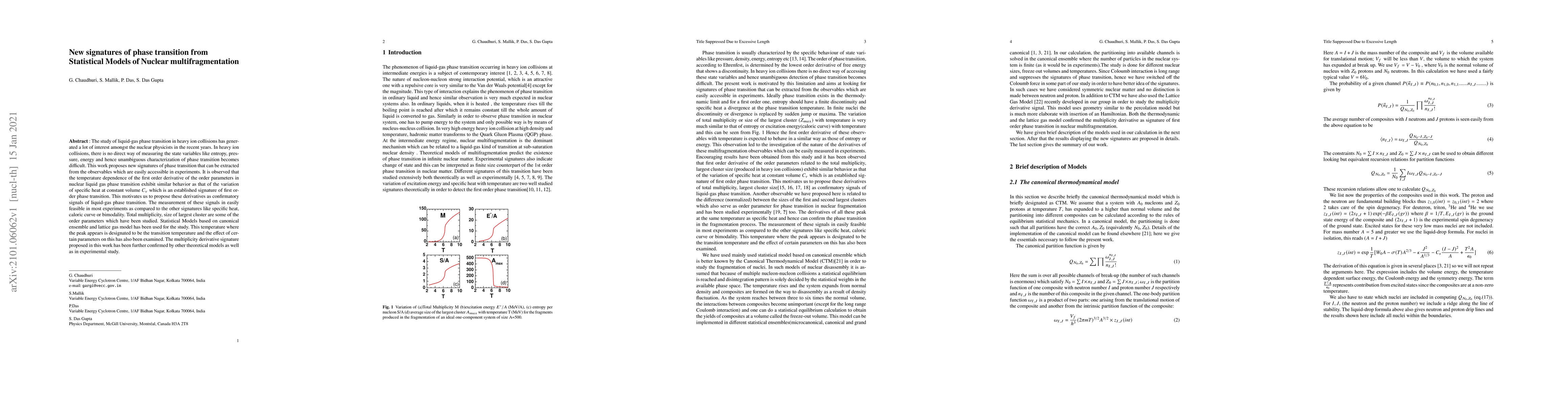 Thumbnail for New signatures of phase transition from Statistical Models of Nuclear
  multifragmentation