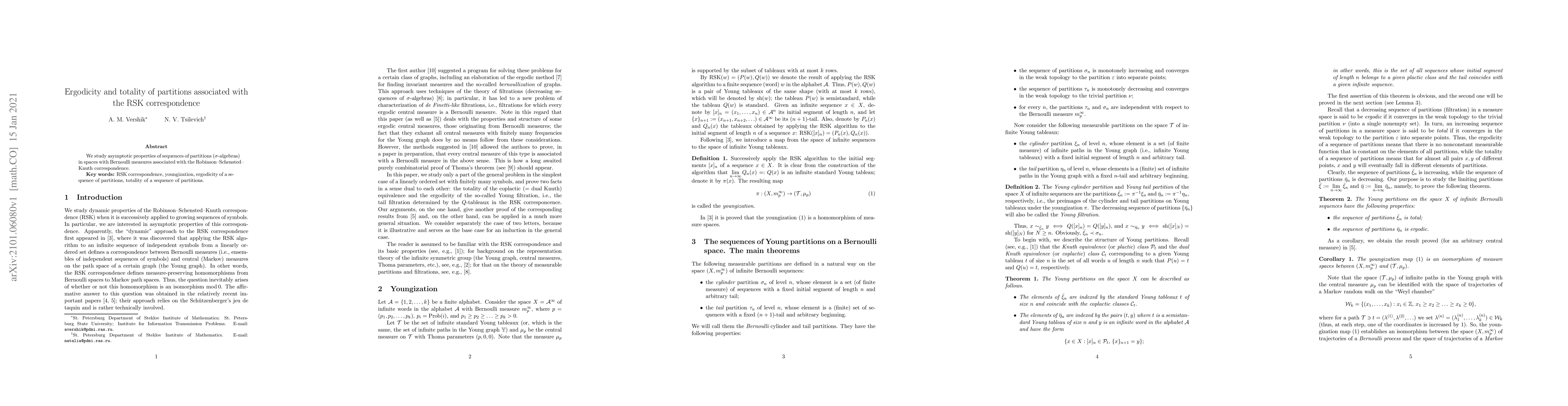 Thumbnail for Ergodicity and totality of partitions associated with the RSK
  correspondence