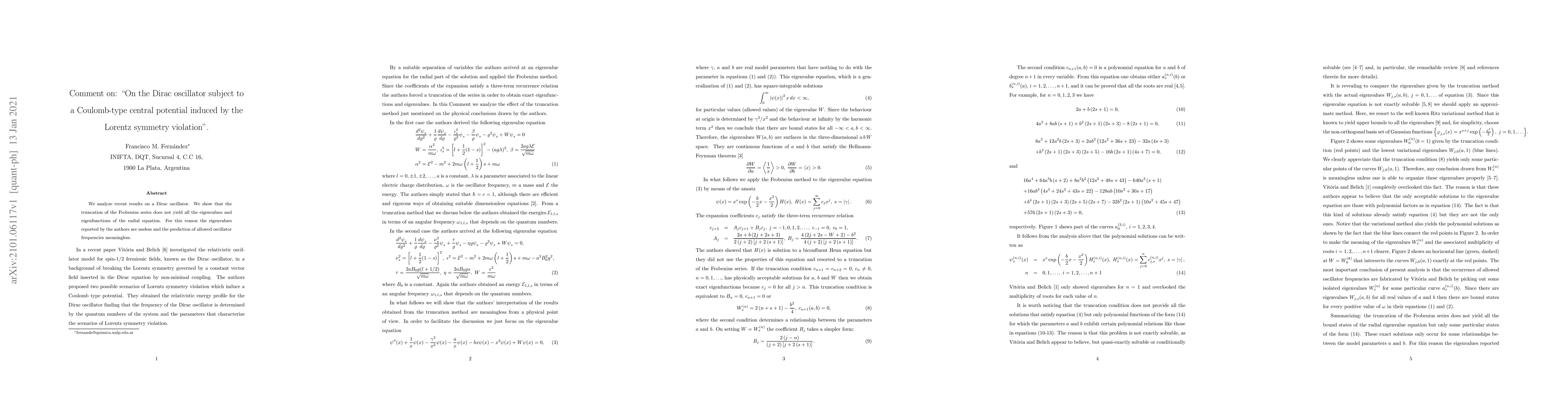 Thumbnail for Comment on: "On the Dirac oscillator subject to a Coulomb-type central
  potential induced by the Lorentz symmetry violation"