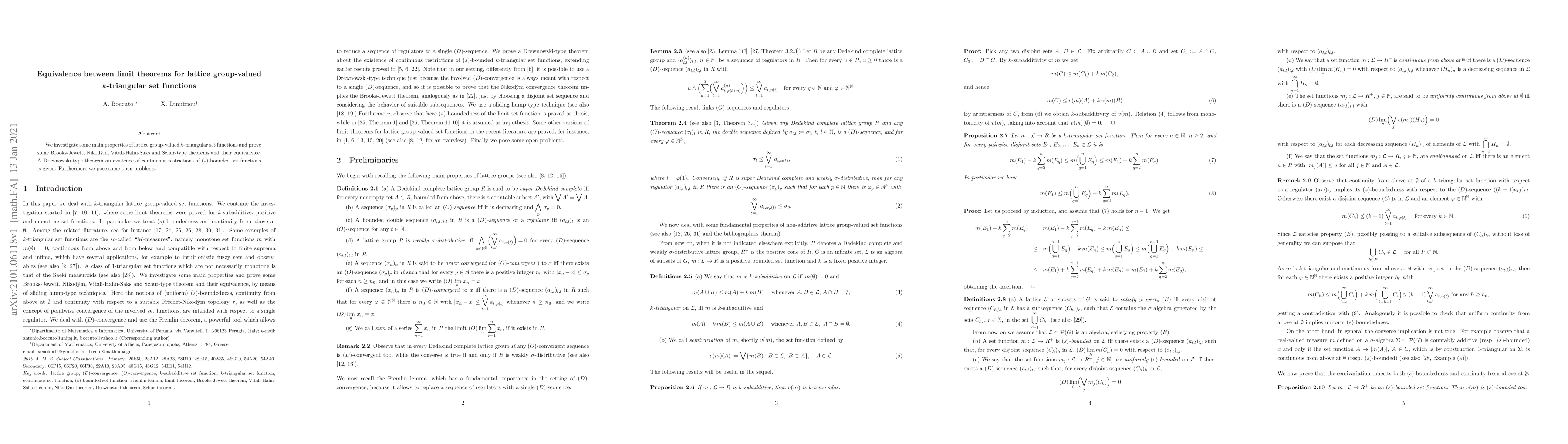 Thumbnail for Equivalence between limit theorems for lattice group-valued k-triangular
  set functions