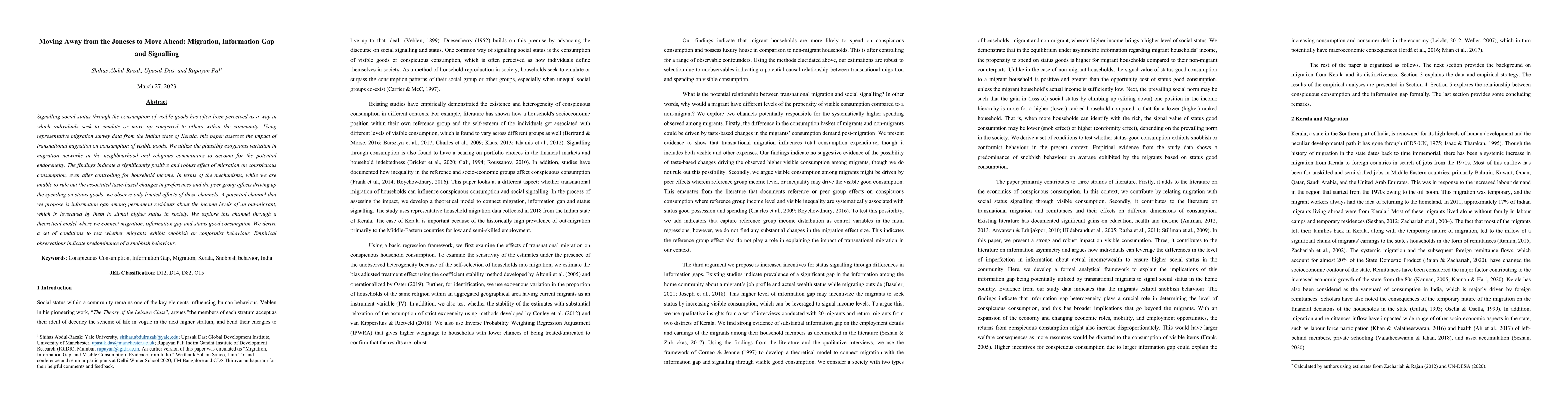 Thumbnail for Moving Away from the Joneses to Move Ahead: Migration, Information Gap
  and Signalling