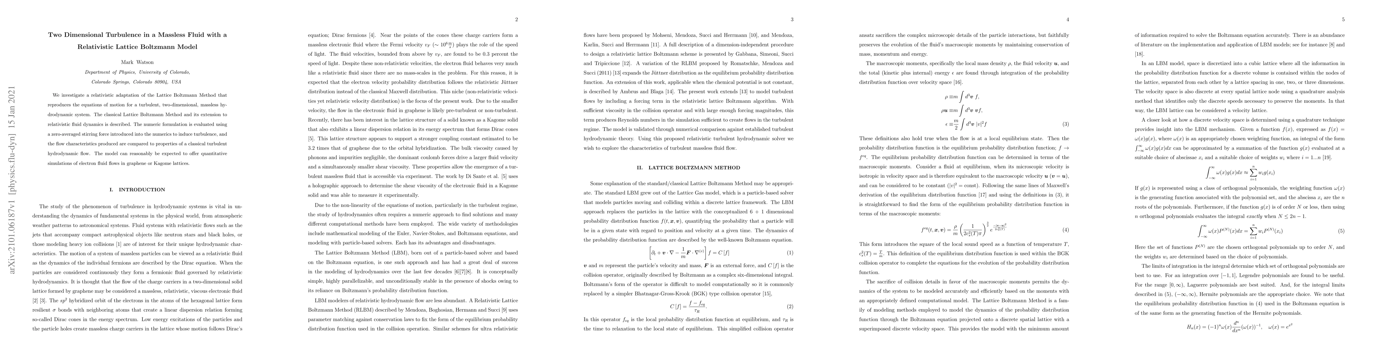 Thumbnail for Two Dimensional Turbulence in a Massless Fluid with a Relativistic
  Lattice Boltzmann Model