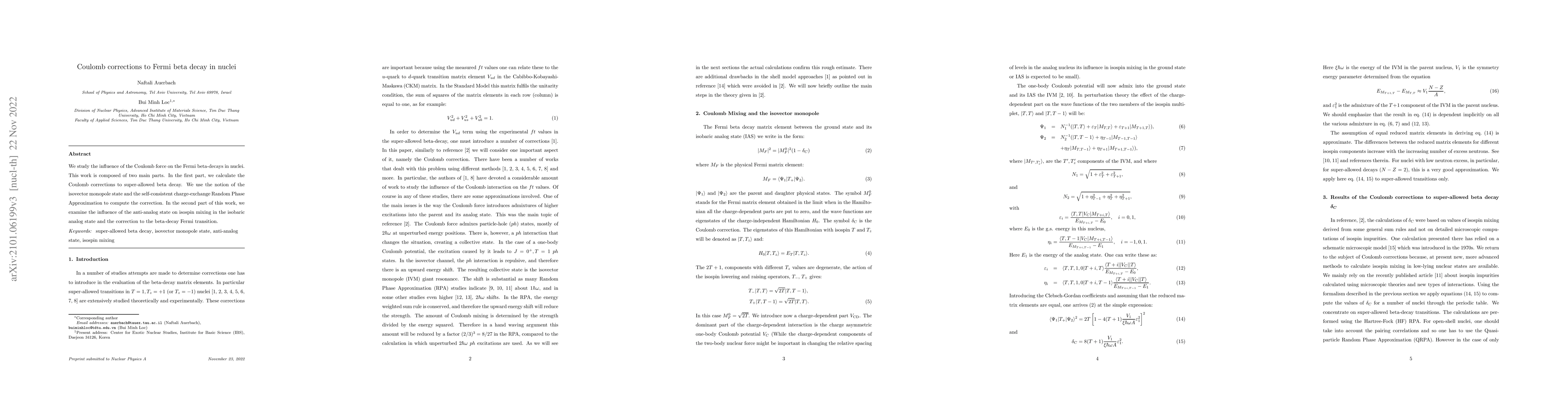 Thumbnail for Coulomb corrections to Fermi beta decay in nuclei
