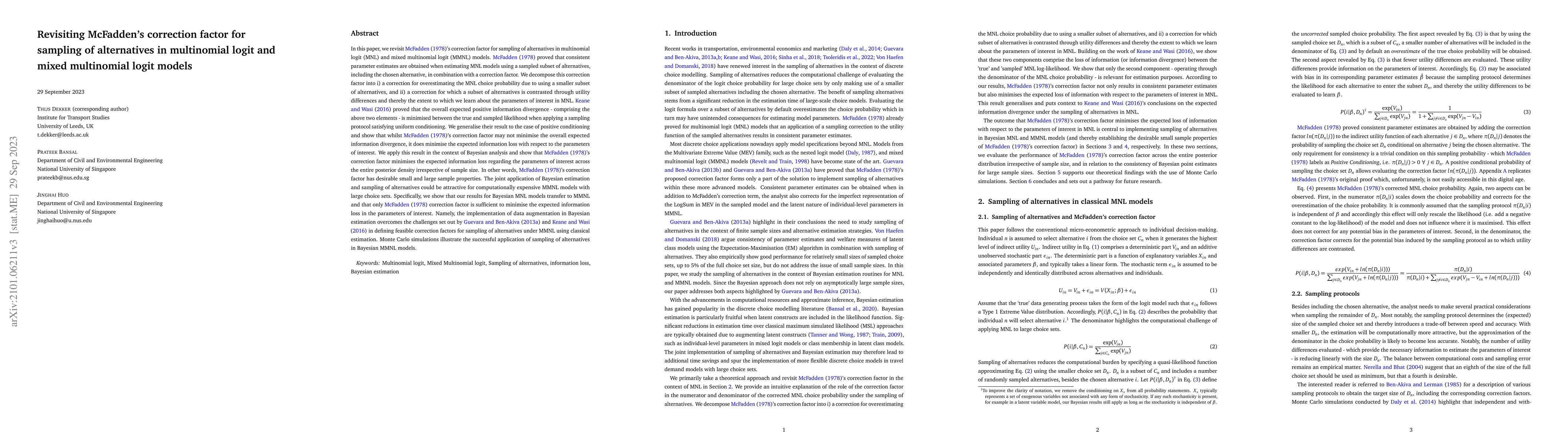 Thumbnail for Revisiting McFadden's correction factor for sampling of alternatives in
  multinomial logit and mixed multinomial logit models