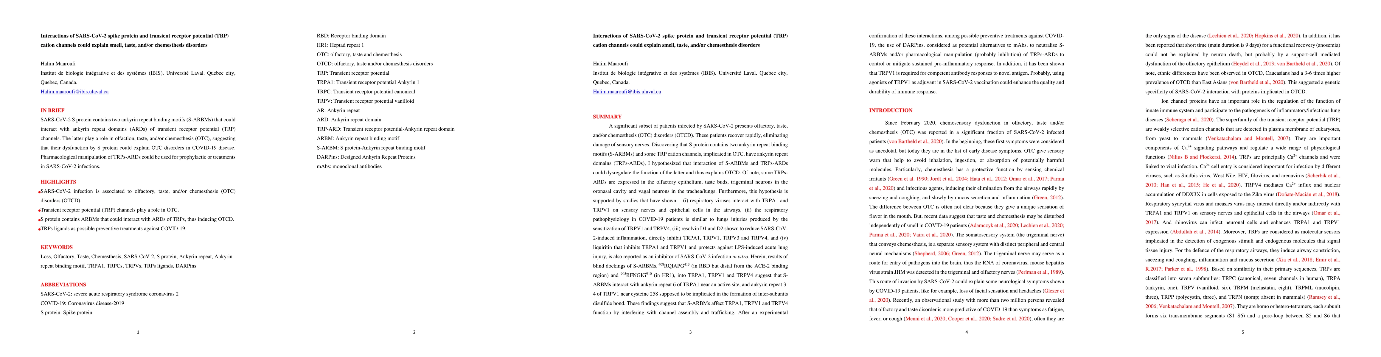 Thumbnail for Interactions of SARS-CoV-2 spike protein and transient receptor
  potential (TRP) cation channels could explain smell, taste, and/or
  chemesthesis disorders