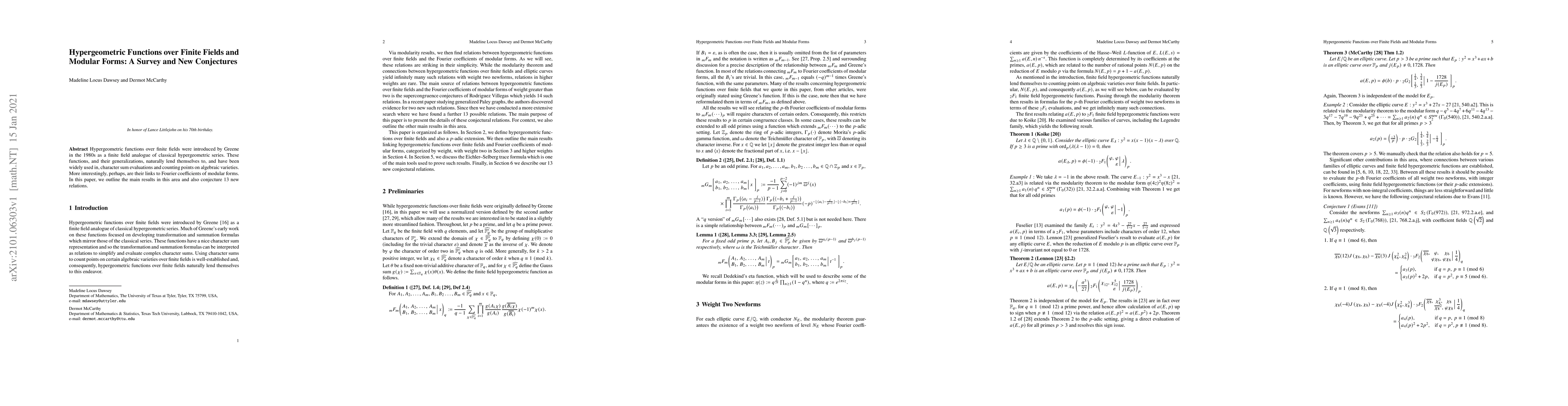 Thumbnail for Hypergeometric Functions over Finite Fields and Modular Forms: A Survey
  and New Conjectures