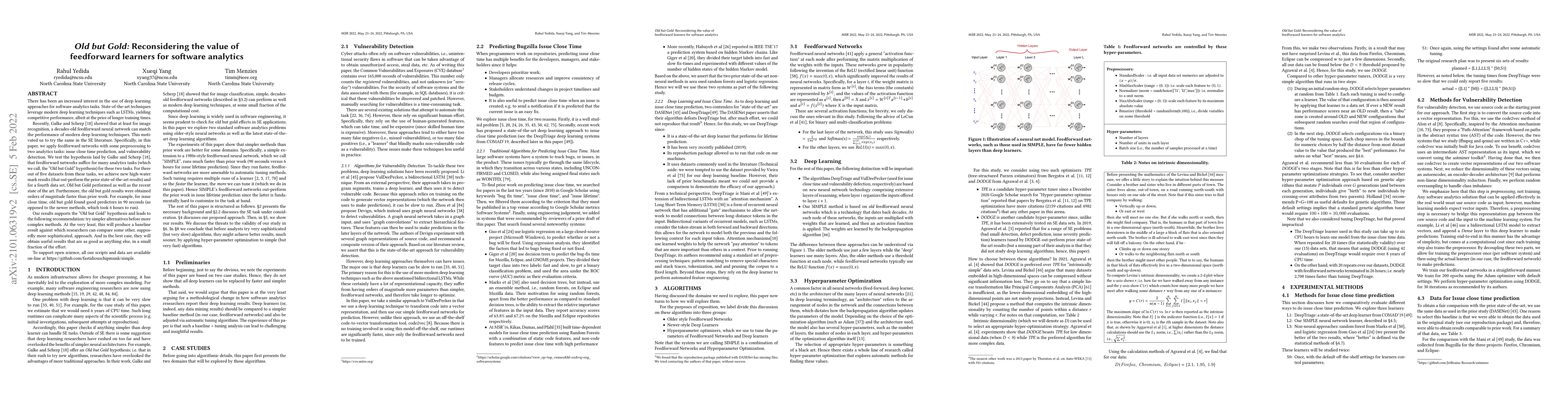 Thumbnail for Old but Gold: Reconsidering the value of feedforward learners for
  software analytics