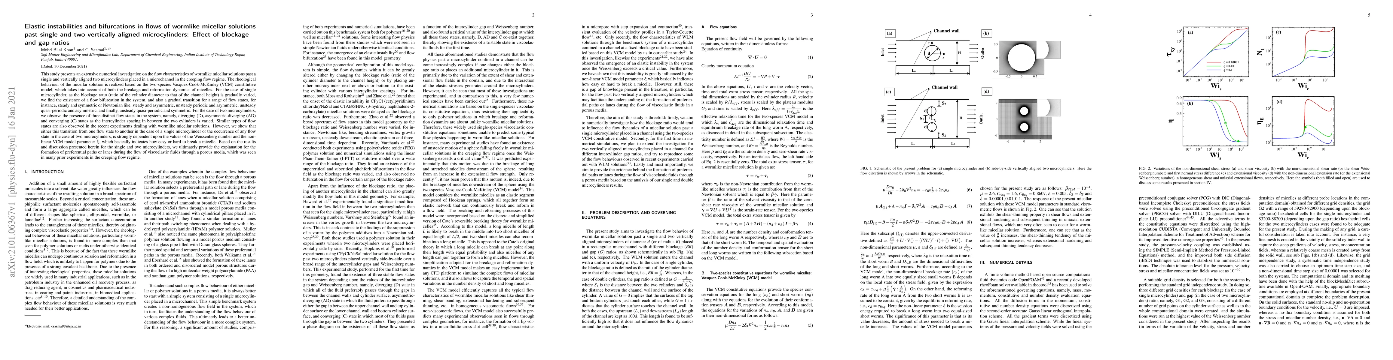 Thumbnail for Elastic instabilities and bifurcations in flows of wormlike micellar
  solutions past single and two vertically aligned microcylinders: Effect of
  blockage and gap ratios