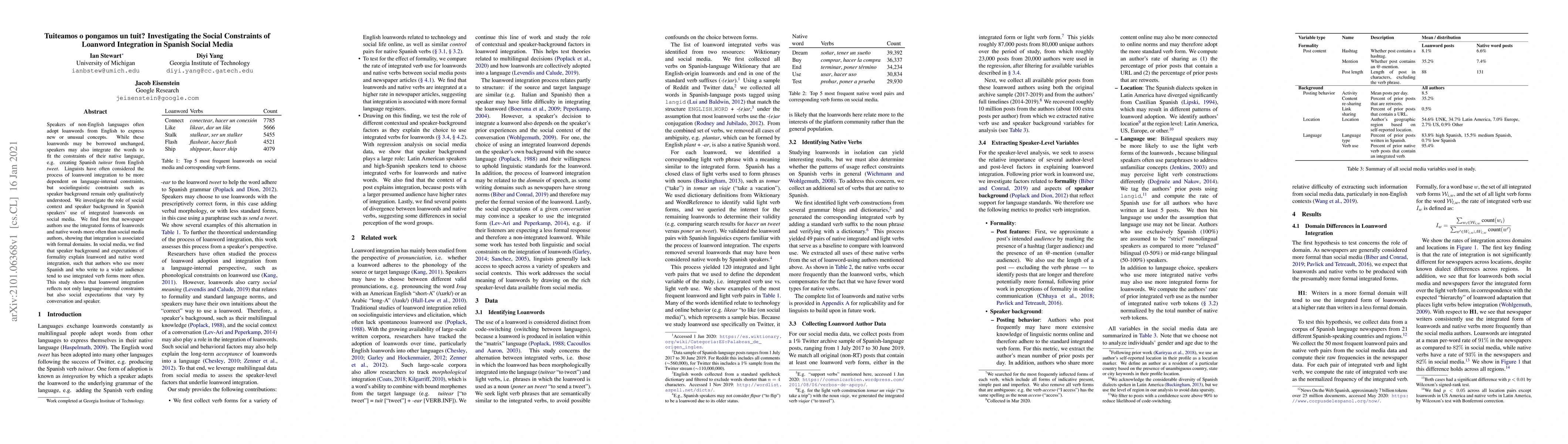 Thumbnail for Tuiteamos o pongamos un tuit? Investigating the Social Constraints of
  Loanword Integration in Spanish Social Media