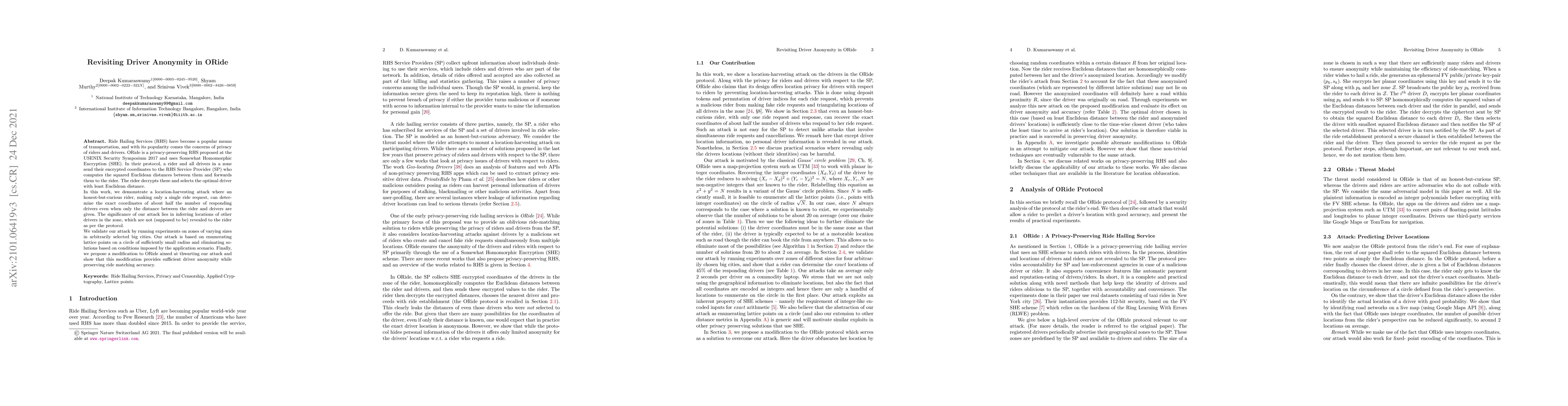 Thumbnail for Revisiting Driver Anonymity in ORide