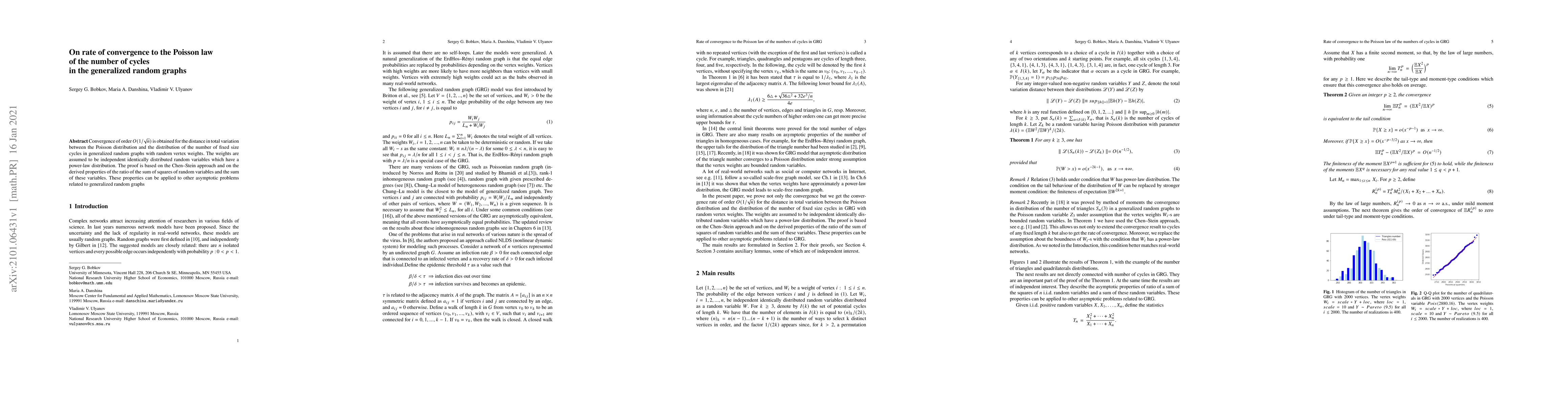 Thumbnail for On rate of convergence to the Poisson law of the number of cycles in the
  generalized random graphs