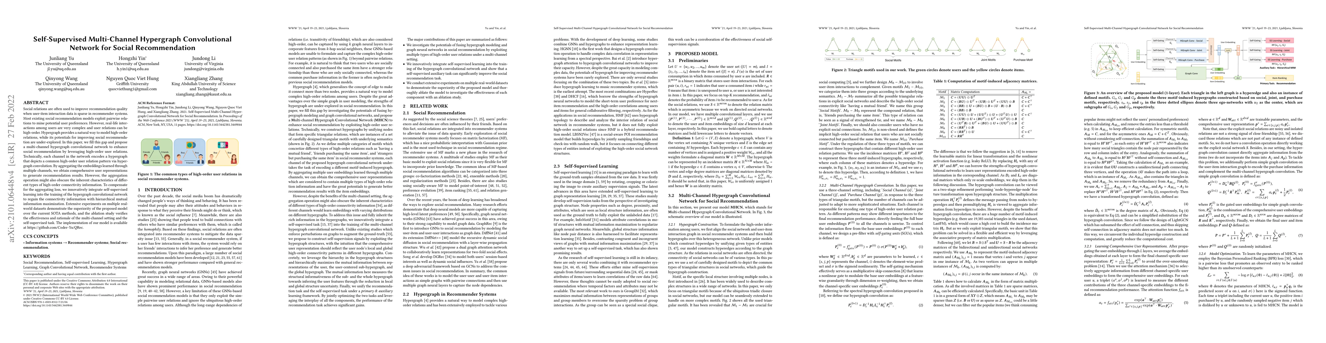 Thumbnail for Self-Supervised Multi-Channel Hypergraph Convolutional Network for
  Social Recommendation