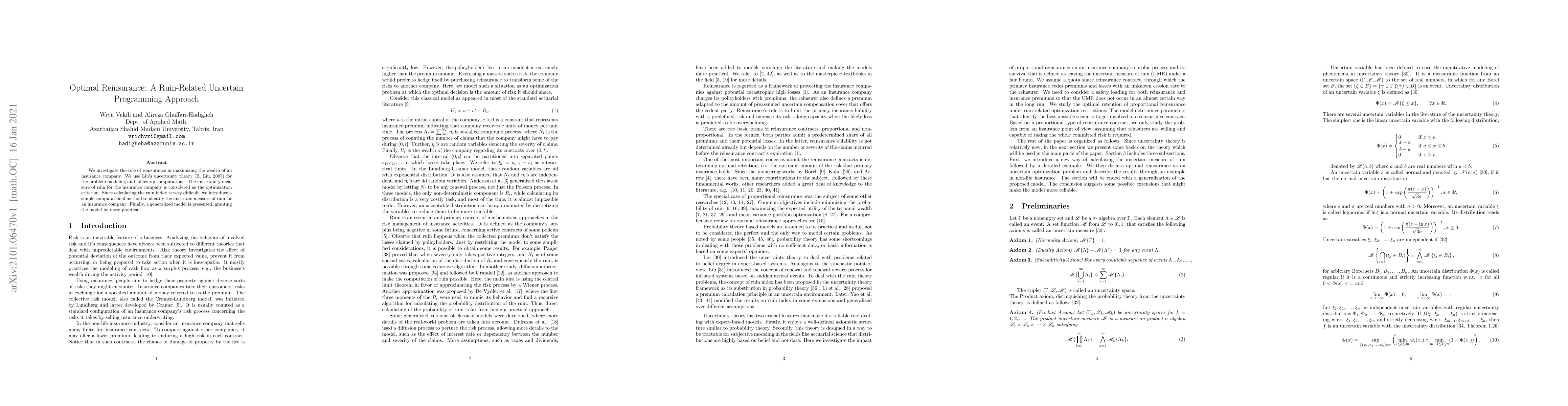 Thumbnail for Optimal Reinsurance: A Ruin-Related Uncertain Programming Approach