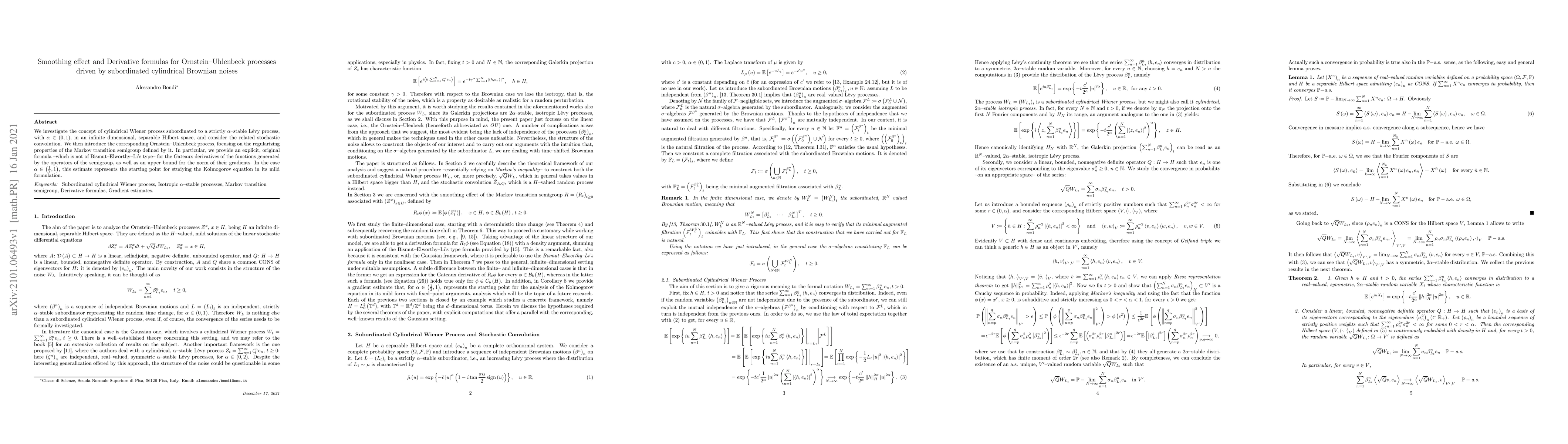 Thumbnail for Smoothing effect and Derivative formulas for Ornstein-Uhlenbeck
  processes driven by subordinated cylindrical Brownian noises