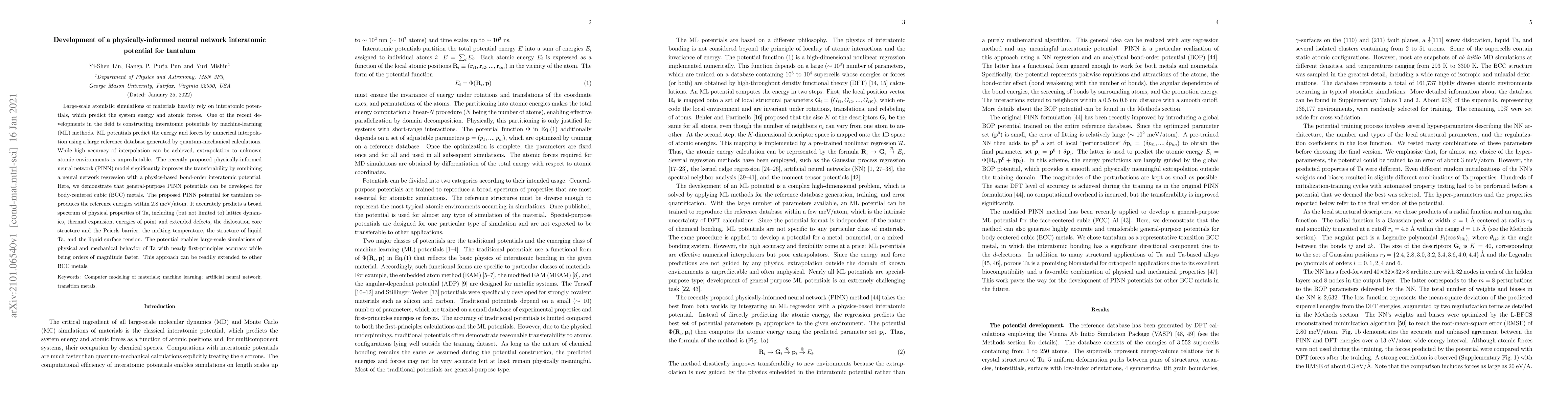 Thumbnail for Development of a physically-informed neural network interatomic
  potential for tantalum