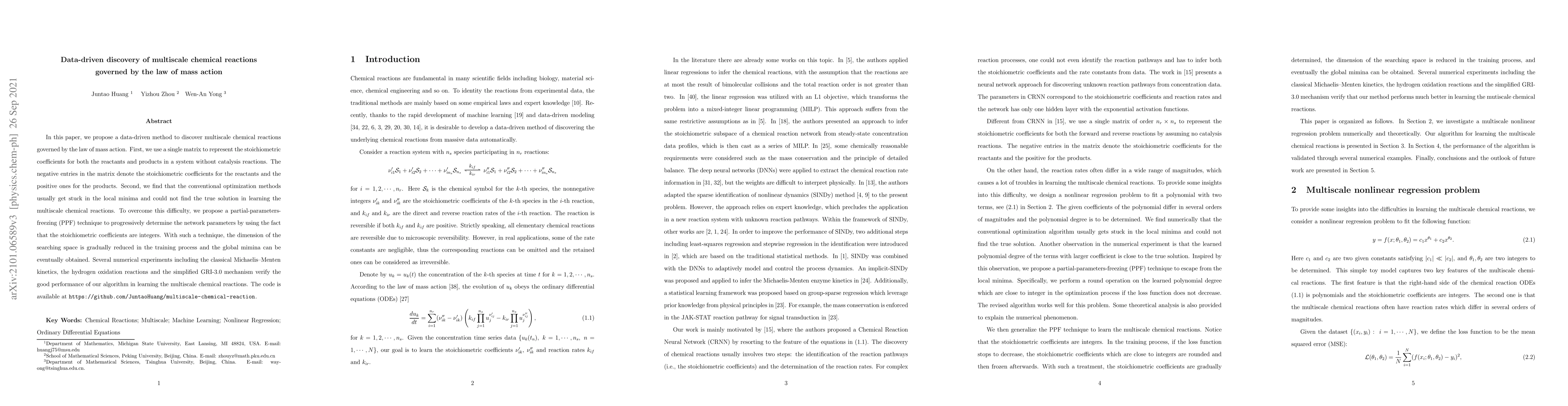 Thumbnail for Data-driven discovery of multiscale chemical reactions governed by the
  law of mass action
