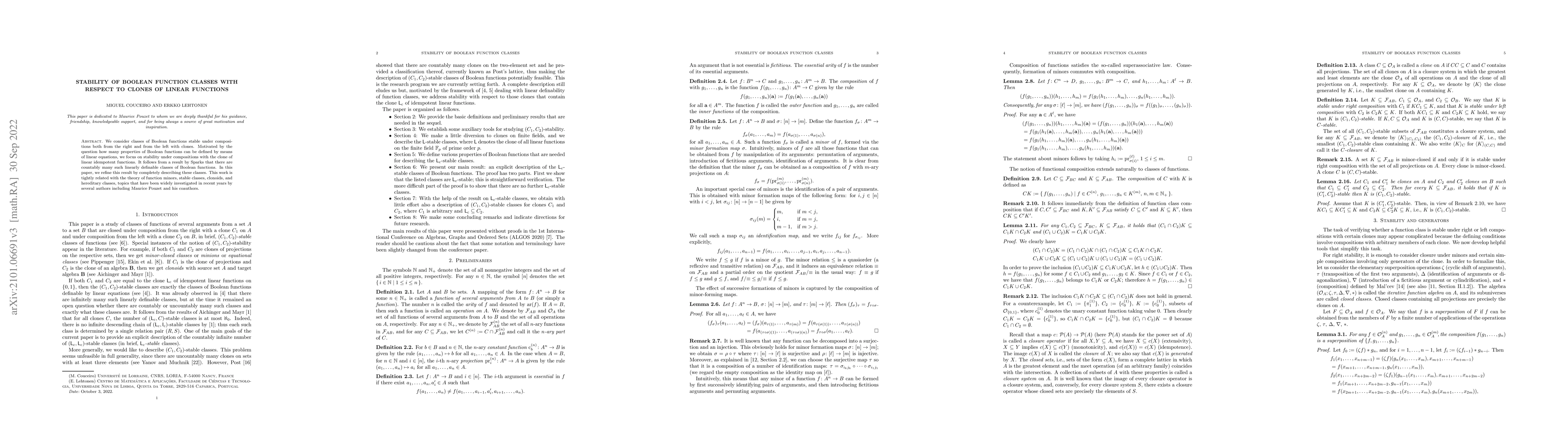 Thumbnail for Stability of Boolean function classes with respect to clones of linear
  functions