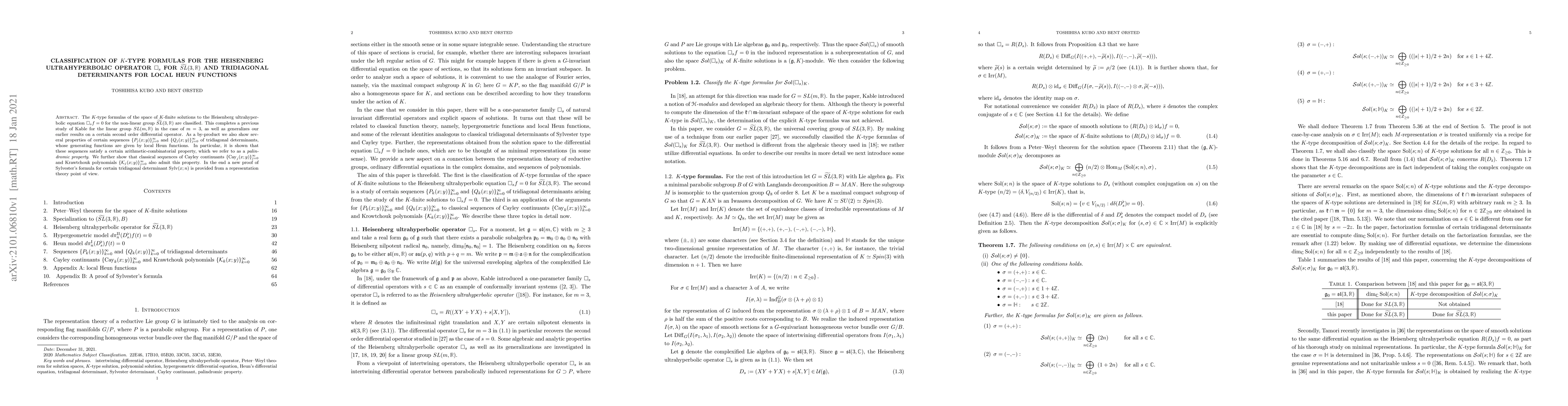 Thumbnail for Classification of $K$-type formulas for the Heisenberg ultrahyperbolic
  operator $\square_s$ for $\widetilde{SL}(3,\mathbb{R})$ and tridiagonal
  determinants for local Heun functions