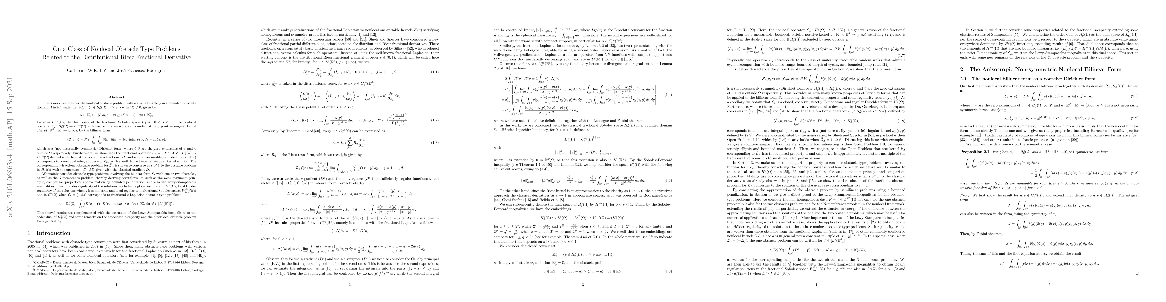 Thumbnail for On a Class of Nonlocal Obstacle Type Problems Related to the
  Distributional Riesz Fractional Derivative