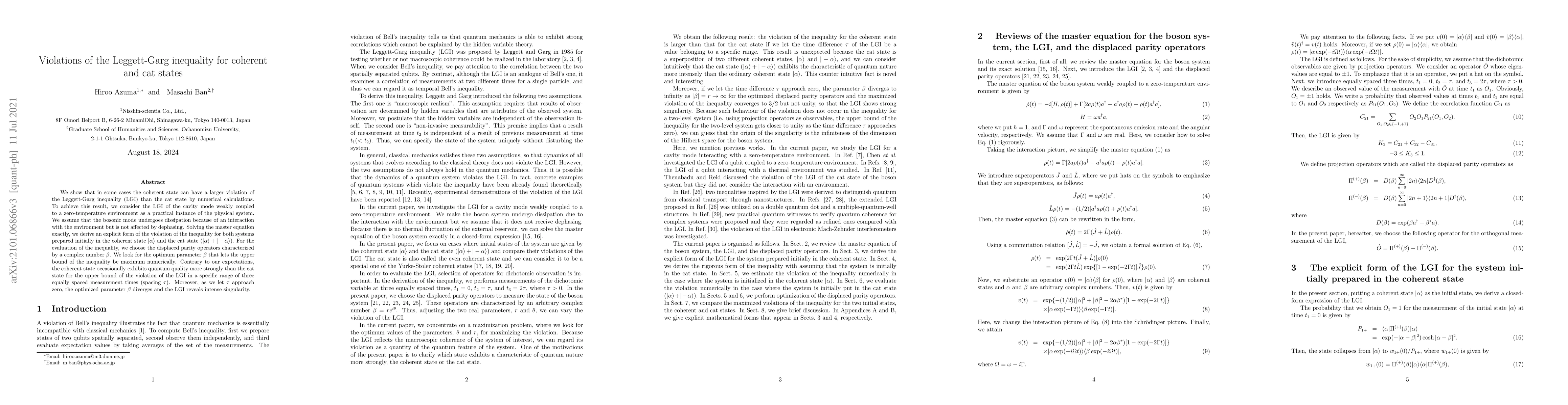 Thumbnail for Violations of the Leggett-Garg inequality for coherent and cat states