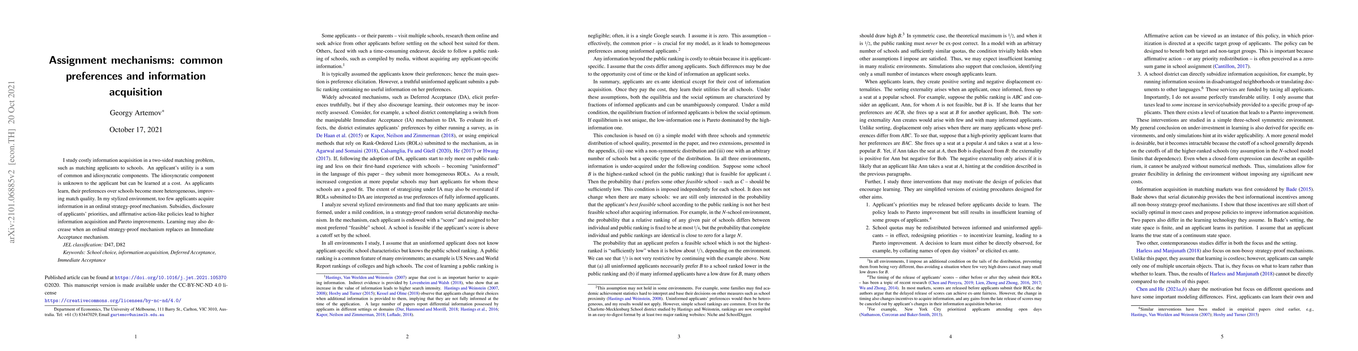 Thumbnail for Assignment mechanisms: common preferences and information acquisition