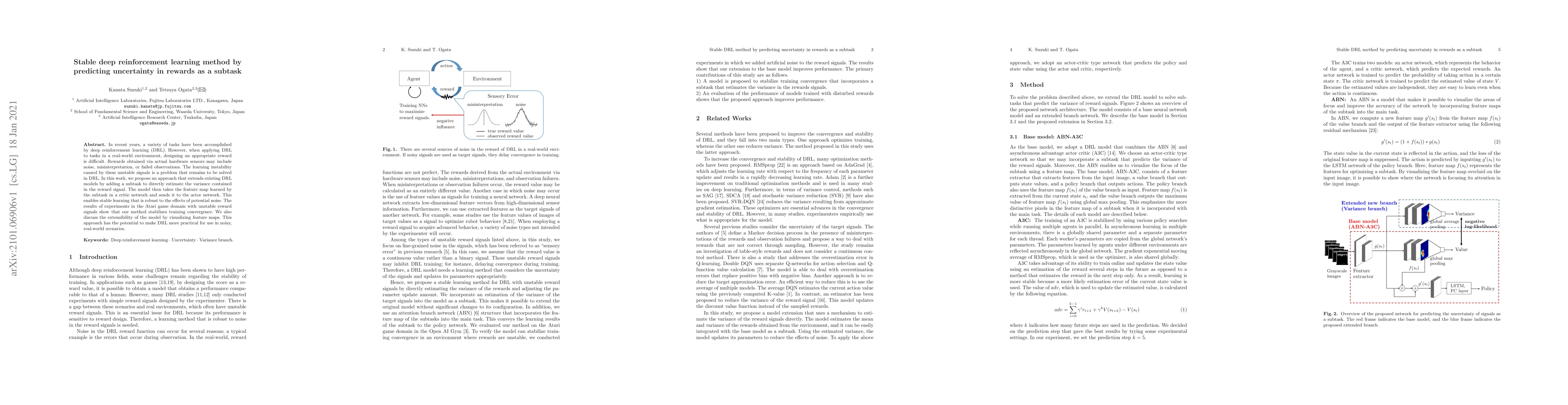 Thumbnail for Stable deep reinforcement learning method by predicting uncertainty in
  rewards as a subtask