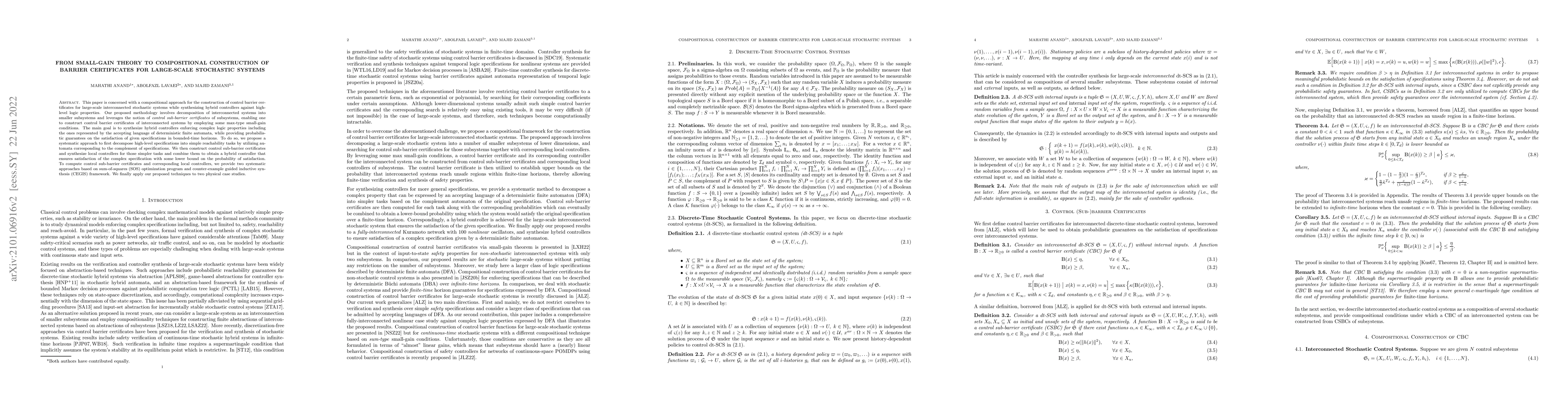 Thumbnail for From Small-Gain Theory to Compositional Construction of Barrier
  Certificates for Large-Scale Stochastic Systems