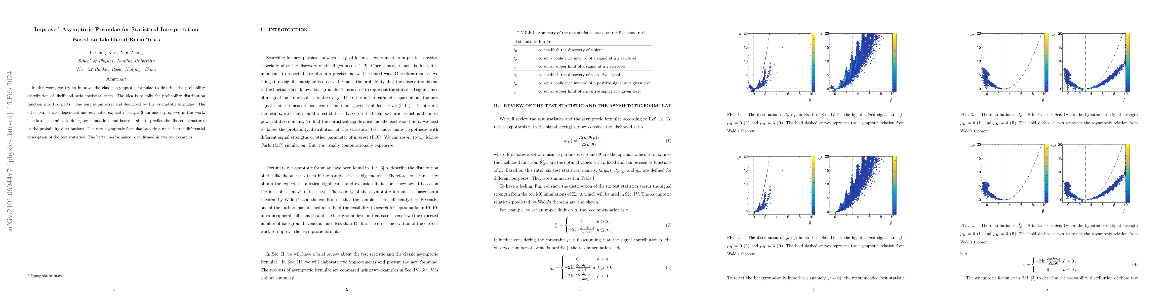 Thumbnail for Improved Asymptotic Formulae for Statistical Interpretation Based on
  Likelihood Ratio Tests