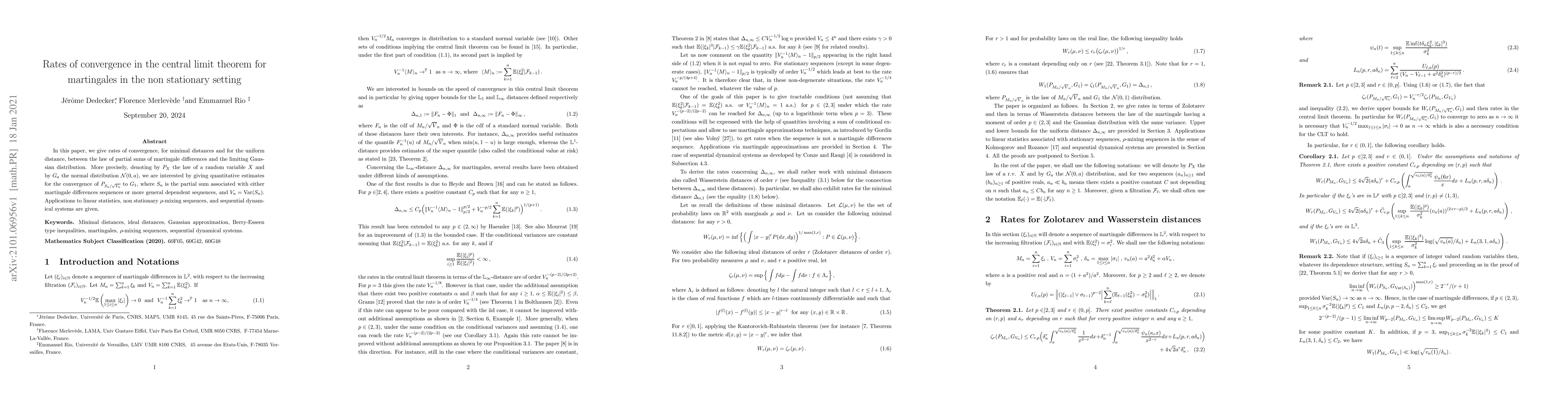 Thumbnail for Rates of convergence in the central limit theorem for martingales in the
  non stationary setting