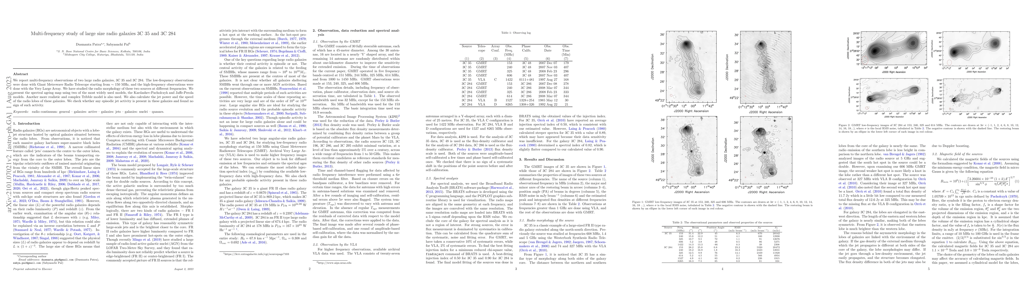 Thumbnail for Multi-frequency study of large size radio galaxies 3C 35 and 3C 284