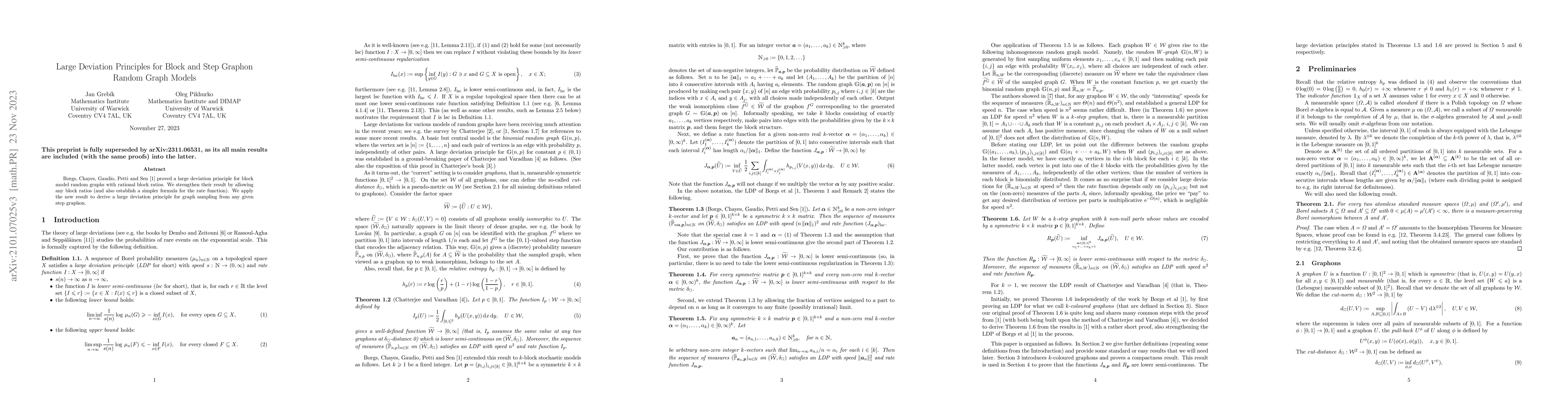 Thumbnail for Large Deviation Principles for Block and Step Graphon Random Graph
  Models