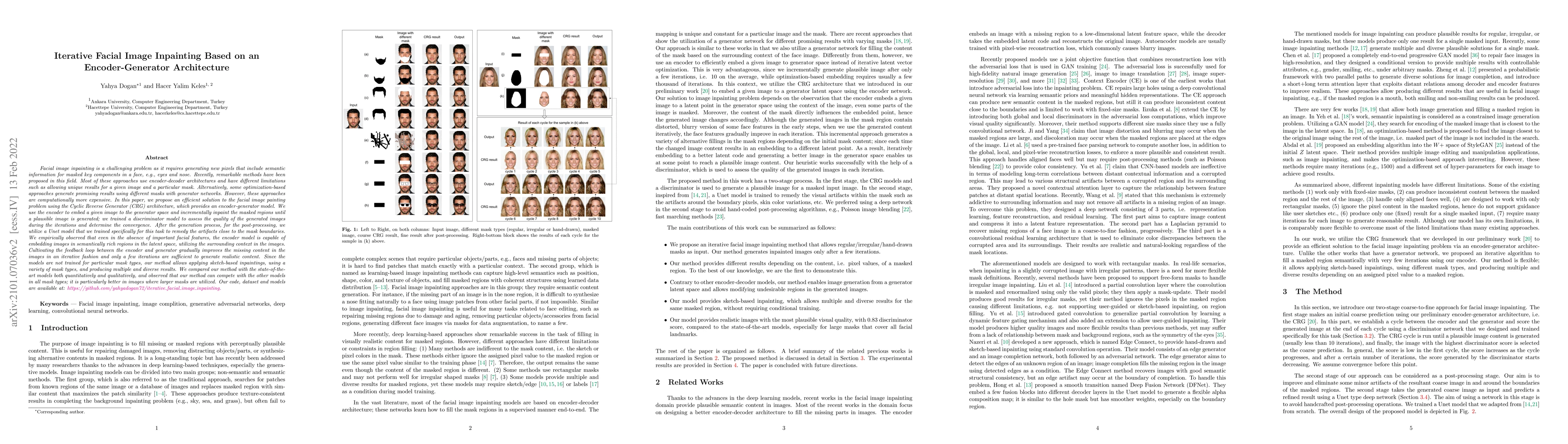 Thumbnail for Iterative Facial Image Inpainting Based on an Encoder-Generator
  Architecture