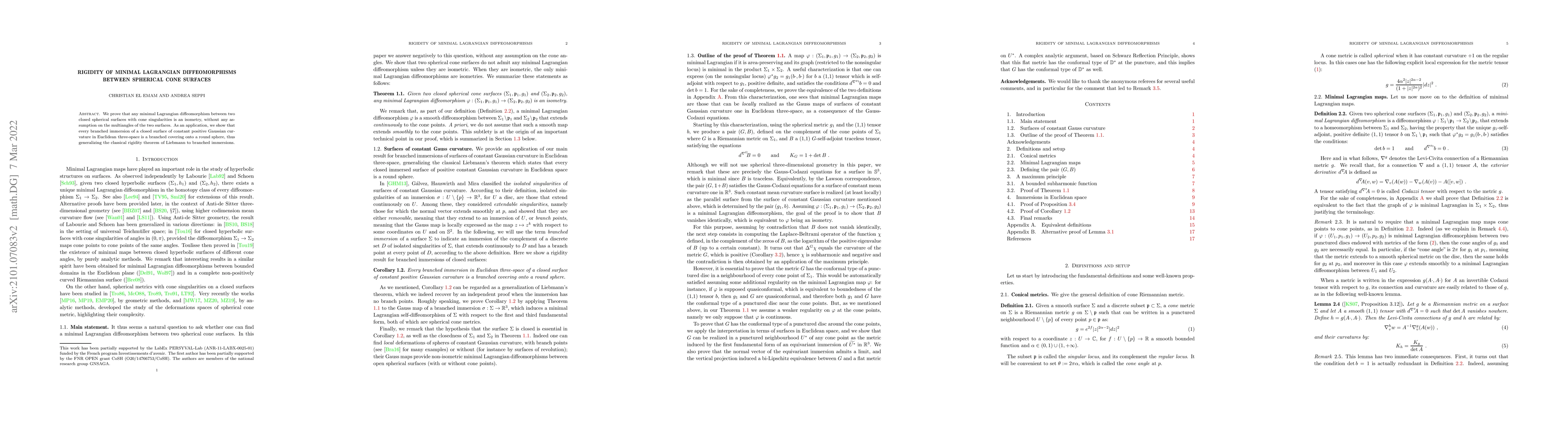 Thumbnail for Rigidity of minimal Lagrangian diffeomorphisms between spherical cone
  surfaces