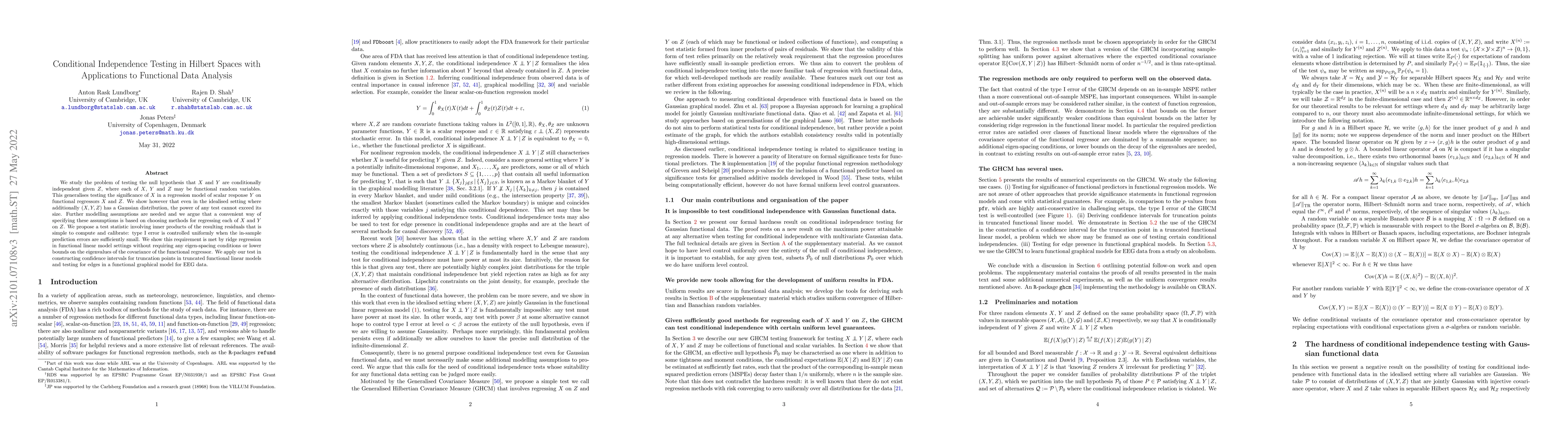 Thumbnail for Conditional Independence Testing in Hilbert Spaces with Applications to
  Functional Data Analysis