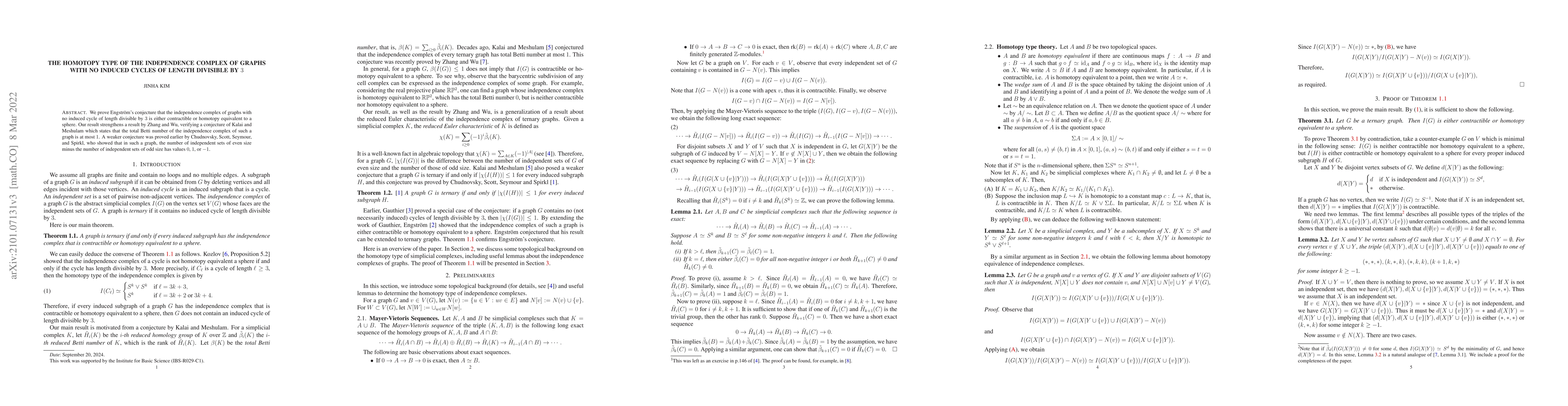 Thumbnail for The homotopy type of the independence complex of graphs with no induced
  cycles of length divisible by $3$