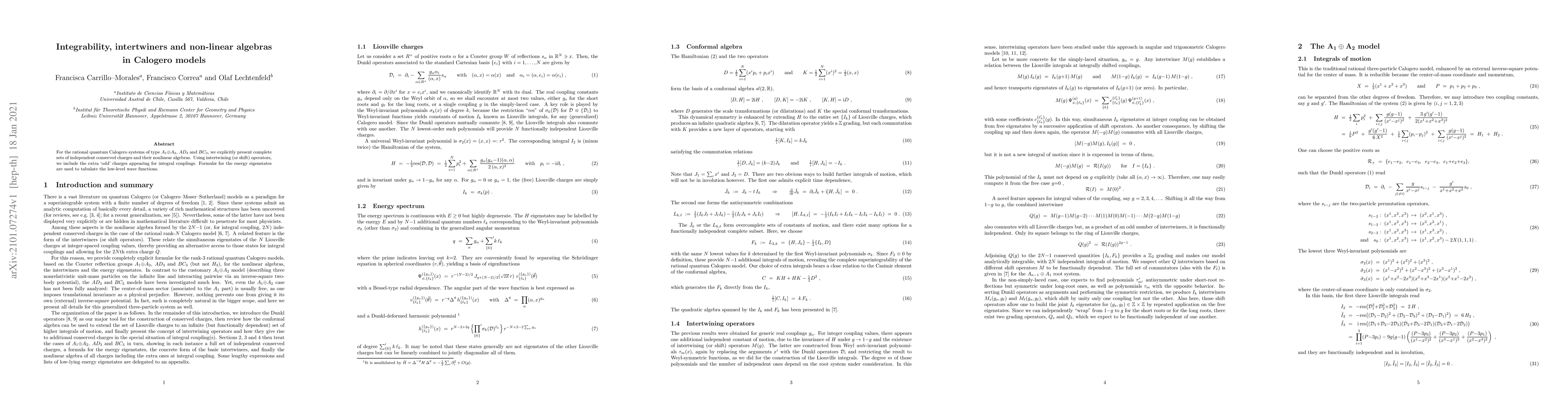 Thumbnail for Integrability, intertwiners and non-linear algebras in Calogero models